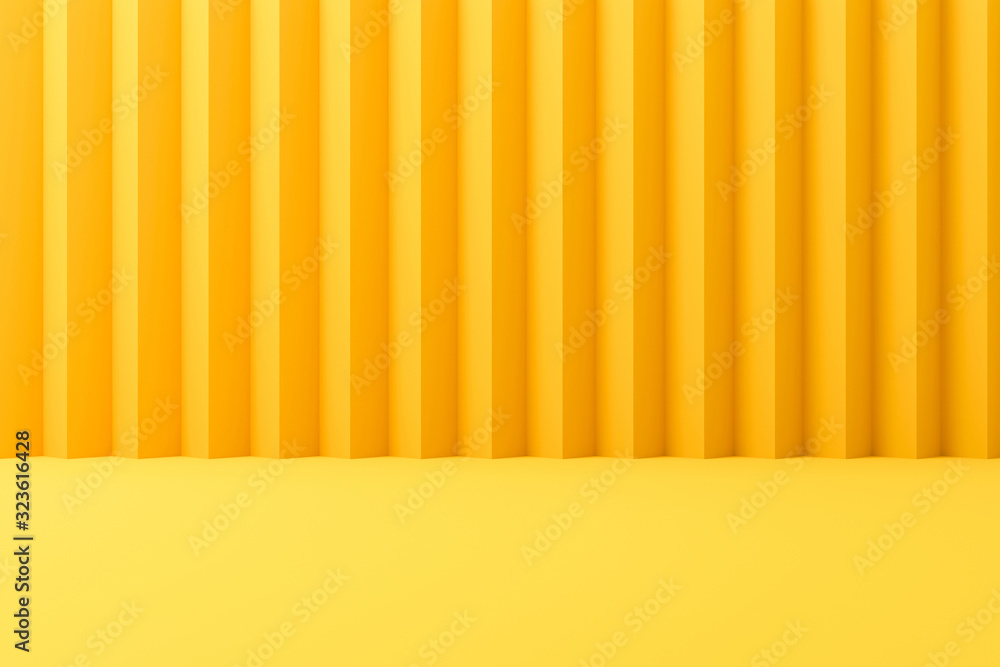 Poster Abstract contemporary backdrops or yellow display on vivid summer background with stripe pattern wall. 3D rendering.