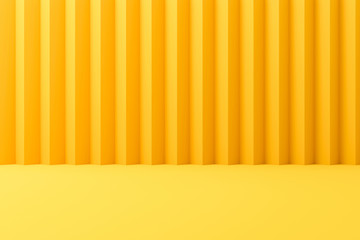 Abstract contemporary backdrops or yellow display on vivid summer background with stripe pattern wall. 3D rendering.