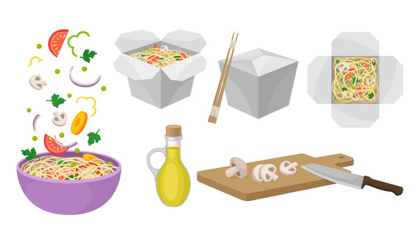 Asian Wok Udon Noodles in Paper Box and in Ceramic Bowl with Sliced Vegetable Ingredients Floating Above Side View Vector Set