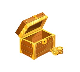 Antique wooden treasure chest icon with coins vector illustration. Brown wooden box with golden shining stripes and keyhole flat style design. Riches concept. Isolated on white background