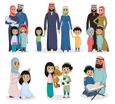 Set of traditional muslim families on white background