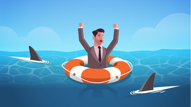 Businessman Raising Hands Inside Lifebuoy In Water Full Of Shark Helping Business To Survive Help Support Financial Crisis Frustration Concept Horizontal Portrait Vector Illustration