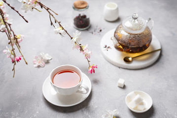 Obraz na płótnie Canvas Spring tea party, ceremony. A cup of black tea with sakura branches. Top view, copy space. Poster, greeting card, menu
