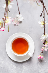 Spring tea. A cup of black tea with sakura branches. Top view, copy space. Poster, greeting card