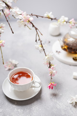 Obraz na płótnie Canvas Spring composition. Cup of black tea and sakura branches. Tea party, poster, menu, greeting card concept. Copy space
