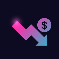 fall down economic arrow with dollar sign financial crisis glowing neon icon banking icons for ui and ux website or mobile app vector illustration