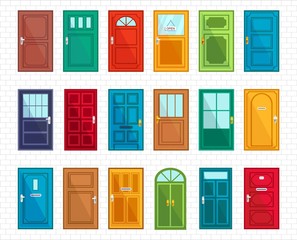 Set of different doors on simple brickwall vector illustration. Various colourful entrances in cartoon flat design. Differ styles and epochs on white blocks texture. Exterior art concept