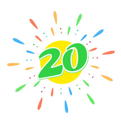 The green 20 in the middle of the fireworks. Us twenty year. Or to wish You a happy birthday. Vector illustration in a flat style on white background.