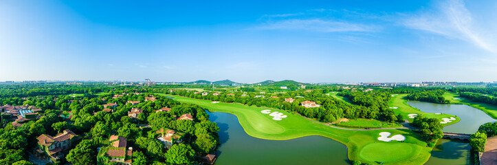 Aerial view of a beautiful green golf course in Shanghai,panoramic view.