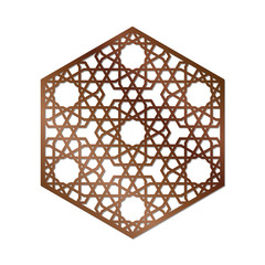 Cutout silhouette panel with ornamental geometric arabic pattern in form of hexagon. Template for printing, laser cutting stencil, engraving. Vector illustration.