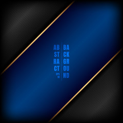 Abstract diagonal blue stripe with golden line on black background and texture space for your text