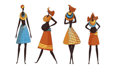 African Braided Woman Wearing Tribal Clothing Carrying Child Vector Set