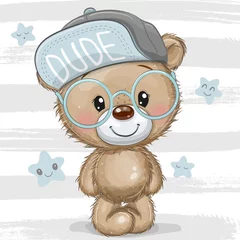 Fotobehang Cartoon Teddy bear with a blue cap and glasses © reginast777