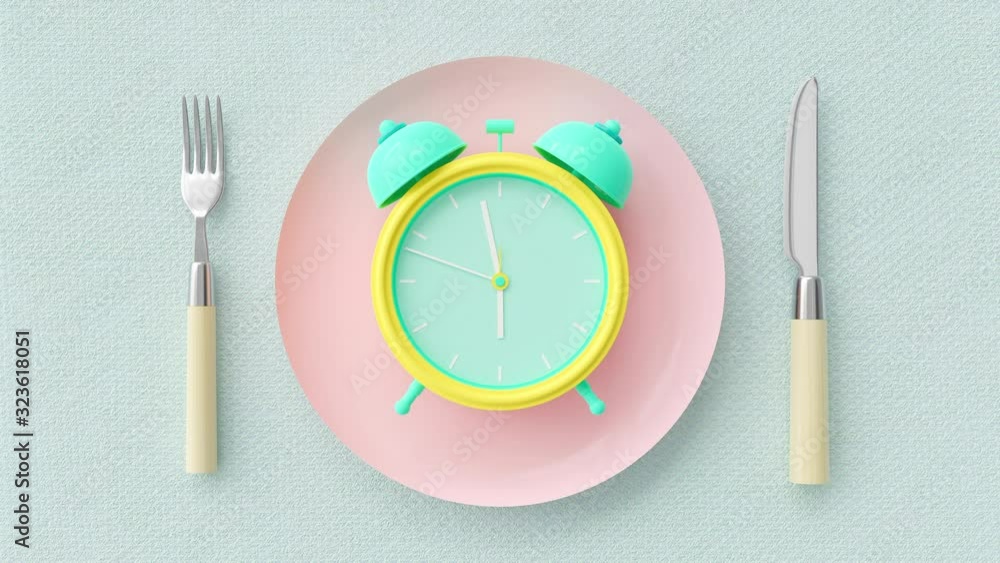 Poster alarm clock fast speed on the pink pastel plate with fork and knife on fabric blue-green color backg