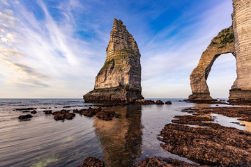 Etretat, Normandy, France - The 'Aval' cliff, with the natural arch and the needle