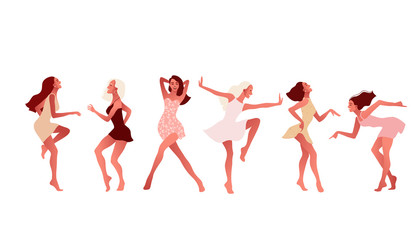 Naklejka na ściany i meble Set of happy sexy girls or friends dancing and laughing. Friendship, International Women s Day. 8 March. Vector illustration, template with beautiful women for greeting card, poster or flyer.