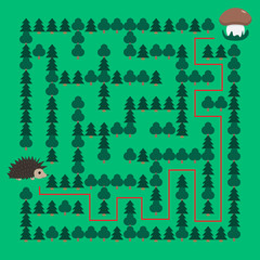 Hedgehog and Mushroom Maze. Educational game for children. Help the hedgehog find the mushroom - Maze puzzle with solution