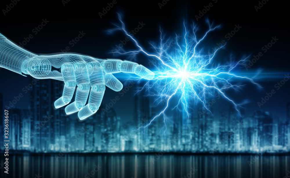Poster wireframed blue robot hand touching digital connection on dark background 3d rendering