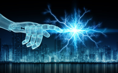 Fototapeta na wymiar Wireframed blue robot hand touching digital connection on dark background 3D rendering