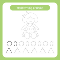Doll. Kids toys theme. Handwriting practice sheet