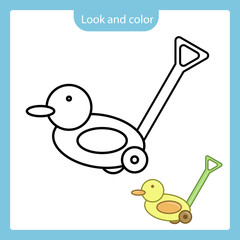 Coloring page outline of duck toy with example.