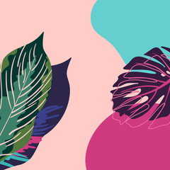 Tropical leaves in background. Monstera and exotic decorative elements. Abstract wallpaper for social media for stories. Palm flowers for summer design.