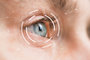 Fototapeta Eye monitoring and treatment in medical. Biometric scan of male eye closeup. obraz