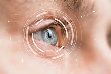 Foto op Aluminium Eye monitoring and treatment in medical. Biometric scan of male eye closeup. © maxsim