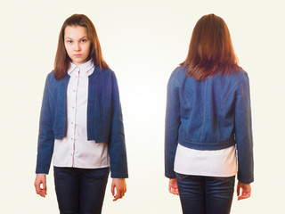 Young girl in jeans, a white shirt and a denim jacket on a light background. Front and back view