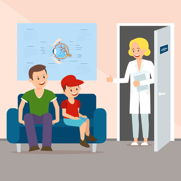 Woman Doctor Inviting Father with Son Flat Cartoon Vector Illustration. Checking Eyesight at Hospital. Boy with Man Visiting Doctor’s Office. Family Doing Medical Checkup. Patients Sitting at Hall.