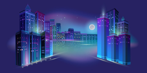 Fototapeta premium Night city panorama with moon and neon glow. Vector illustration.