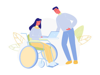 Disabled Young Woman in Wheelchair Working With Computer. Online Job and Startup. Physical Disability and Society, Handicapped Girl Online Education, Work Employment. Cartoon Flat Vector Illustration
