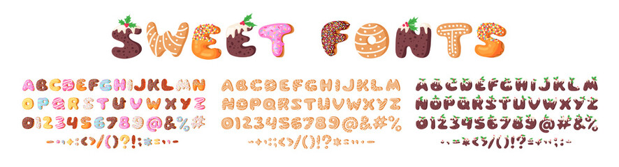 Three cartoon vector illustrations donuts, Christmas Dudding and Gingerbread Cookies. Hand drawn font with sweets. Actual Creative art bake alphabet 