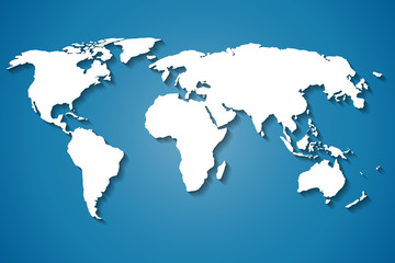 Fototapeta na wymiar World map isolated on blue background. Flat Earth, white map template with shadow for website template, annual report, infographic. The globe is a similar world map icon.