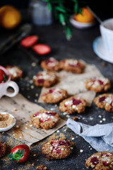 Fototapeta na wymiar Strawberry oatmeal vegan cookies..style rustic