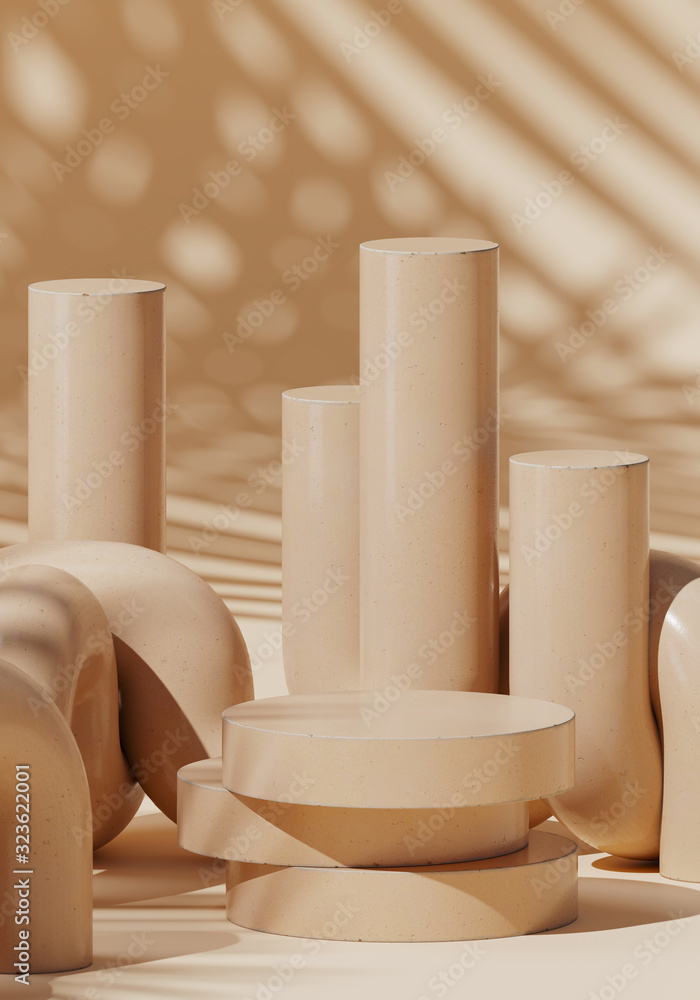 Poster abstract background for branding and minimal presentation. beige ceramic geometry podium on beige ba