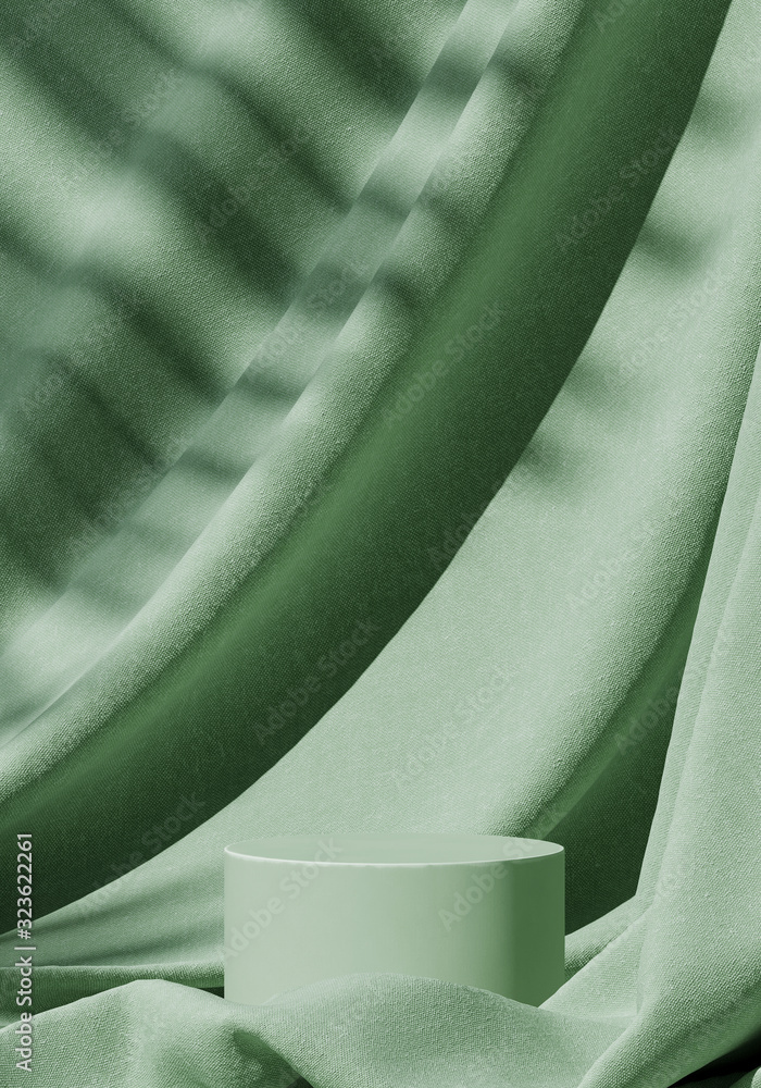 Poster minimal background for branding and product presentation. green podium on green fabric background wi