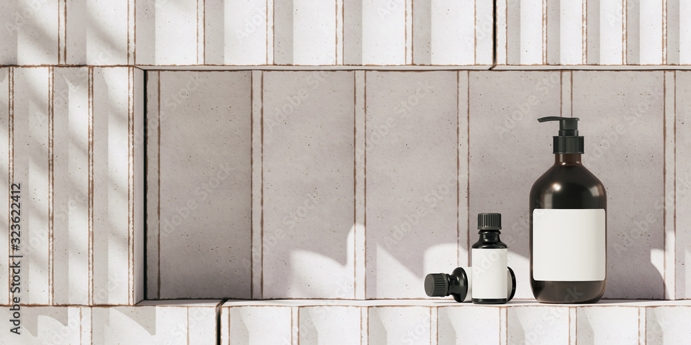 Poster abstract background for branding and minimal presentation. ฺฺcosmetic bottle on white ceramic geomet
