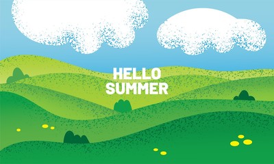 Hello summer cute landscape background with texture. Green fields, meadows and clouds