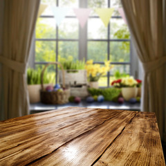 Wooden board of free space for your decoration and blurred window space 