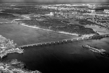KIEV from airplane,Bridge over Dnepr river