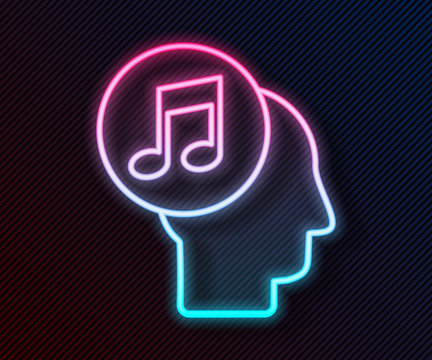 Glowing neon line Musical note in human head icon isolated on black background. Vector Illustration