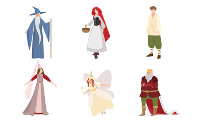 Fairies, wizard, king characters in special traditional costumes vector illustration