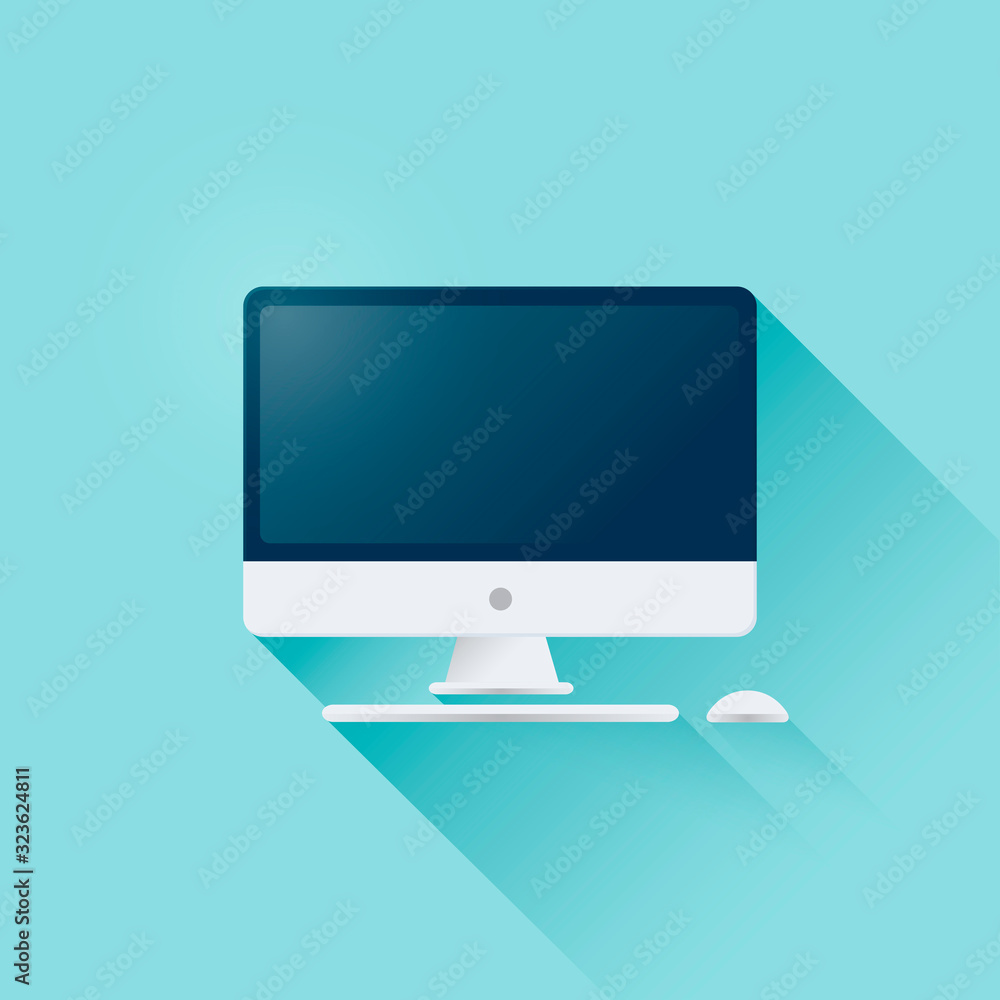 Aufkleber vector illustration personal computer display with mouse and keyboard in flat style. desktop compute