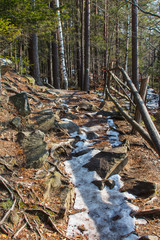 Hiking trail along the Carpathian village of Yaremche in winter. Ukraine