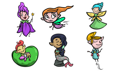 Little fairy girls, enchantresses with wings, mermaids vector illustration