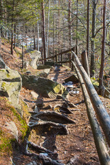 Hiking trail along the Carpathian village of Yaremche in winter. Ukraine