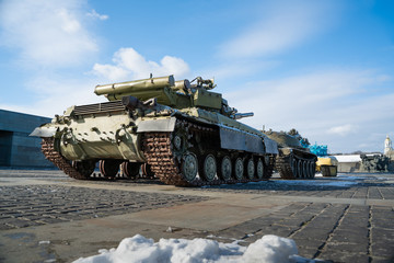 military tank in front of Motherland monument in Kyiv