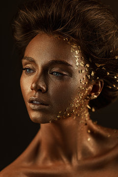Brunette Woman In Gold Body Paint, Profile View Image & Design ID