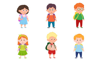 Children girls and boys pupils with backpacks vector illustration